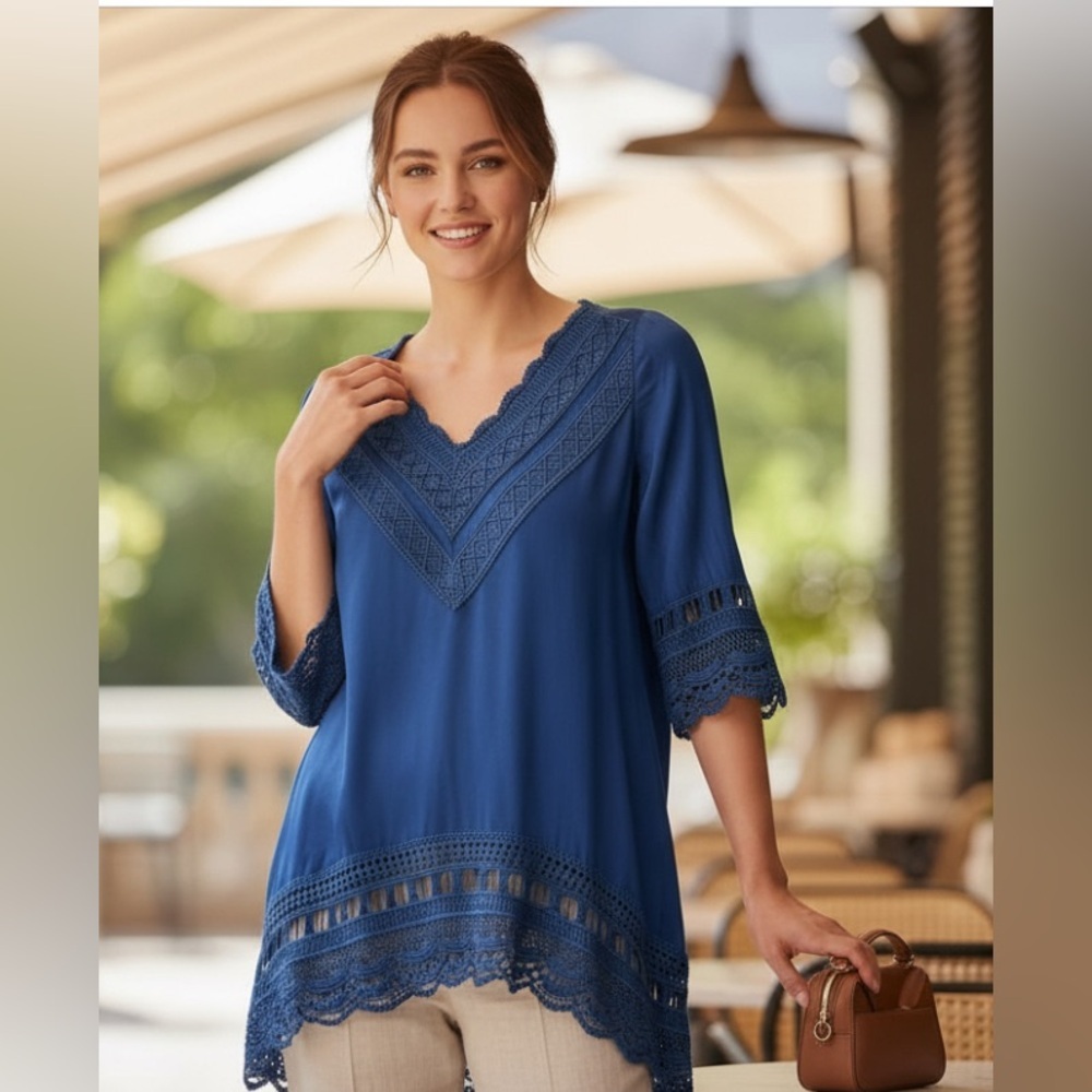 Mariarerro Crochet Lace Dark Gray Blue V Neck Tunic With Statement Hem Top Small